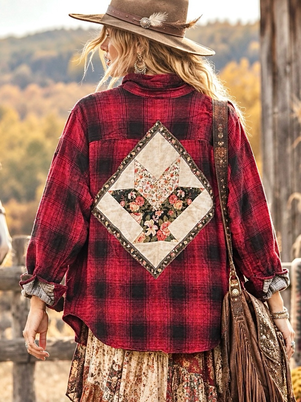 Upcycled Eddie Bauer Red Plaid Button-Down Shirt/shacket with Floral Patch print